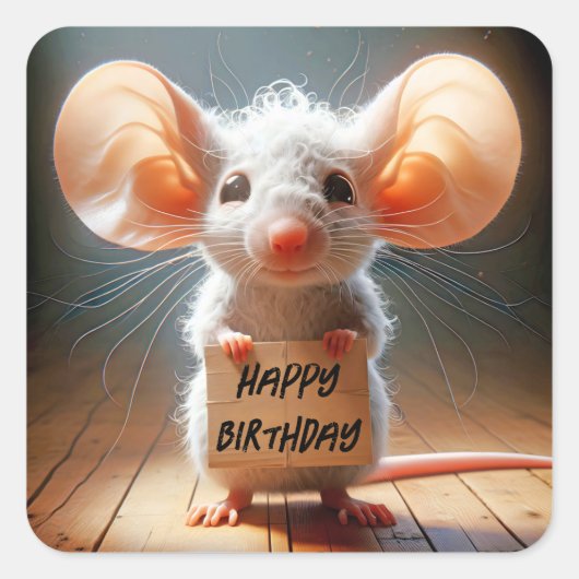Birthday Mouse mit Pappschild Quadratischer Aufkleber (Vorderseite)