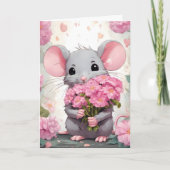 Birthday Mouse mit rosa Blume Karte (Vorderseite)