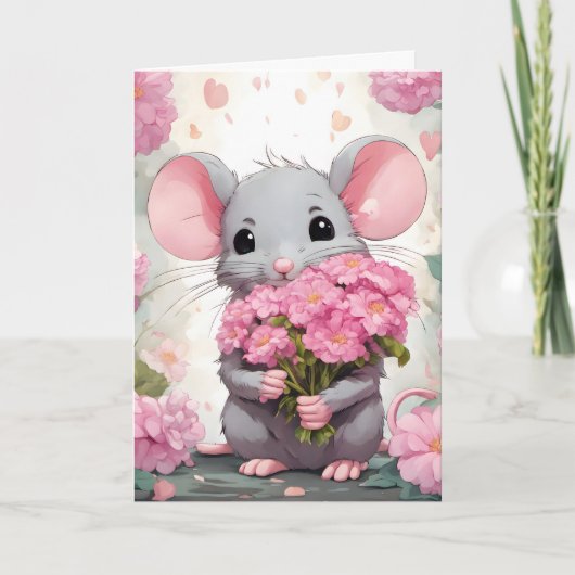 Birthday Mouse mit rosa Blume Karte (Vorderseite)