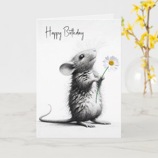 Birthday Mouse mit weißer Daisy Karte (Gelbe Blume)