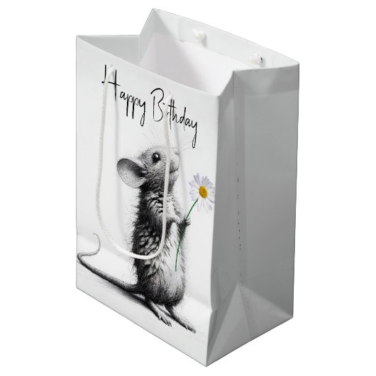 Birthday Mouse mit weißer Daisy Mittlere Geschenktüte (Vorderseite Schrägansicht)
