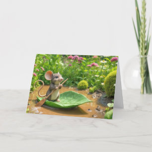 Birthday Mouse Rowing a Green Leaf Boot Karte