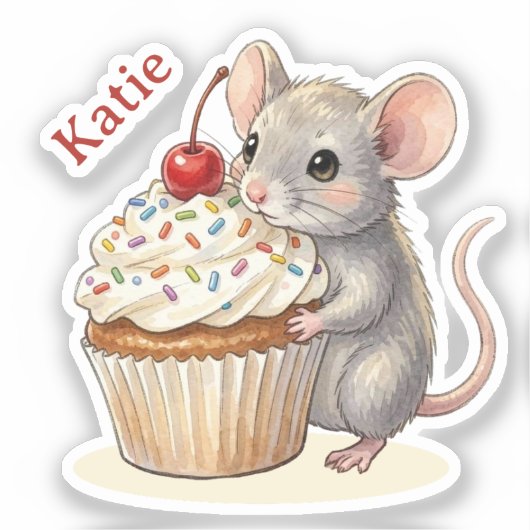 Birthday Mouse with Cupcake | Personalized Aufkleber (Vorderseite)