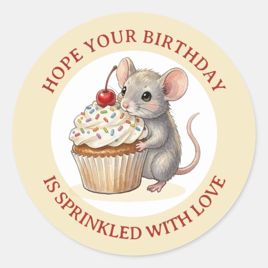 Birthday Mouse with Cupcake | Sprinkled with Love Runder Aufkleber (Vorderseite)