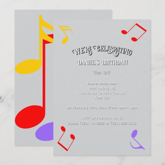 Birthday Music Notes Invitation Einladung (Vorne/Hinten)