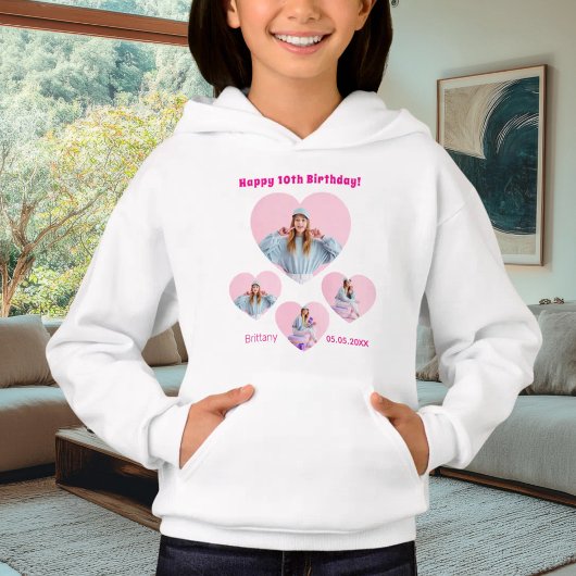 Birthday name age photo heart collage girl pink hoodie