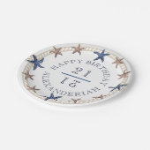 Birthday Nauavy Blue White Tan Starfish Pappteller (Schrägansicht)