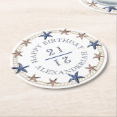 Birthday Nauavy Blue White Tan Starfish Runder Pappuntersetzer (Angewinkelt)