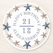 Birthday Nauavy Blue White Tan Starfish Runder Pappuntersetzer (Vorderseite)