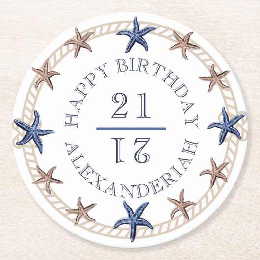 Birthday Nauavy Blue White Tan Starfish Runder Pappuntersetzer (Vorderseite)