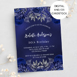 Birthday navin blauen Blumen elegant Einladung<br><div class="desc">Ein marineblauer Hintergrund mit blauen Rose und Blume. Die blaue Farbe ist ungleichmäßig. Personalisieren und fügen Sie einen Namen und Party-Details hinzu. Zurück: Marineblau und Imitate silberne Glitzern.</div>