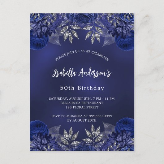 Birthday navin blauen Blumen elegant Einladungspostkarte (Vorderseite)