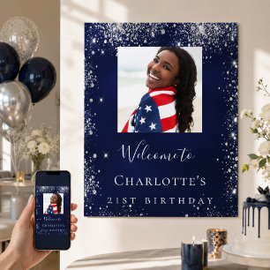 Birthday navvin blue silber Glitzer Foto Empfang Poster