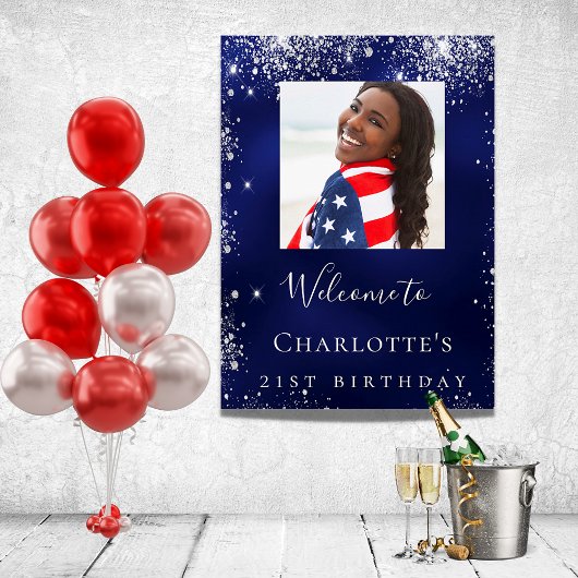 Birthday navvin blue silber Glitzer Foto Empfang Poster