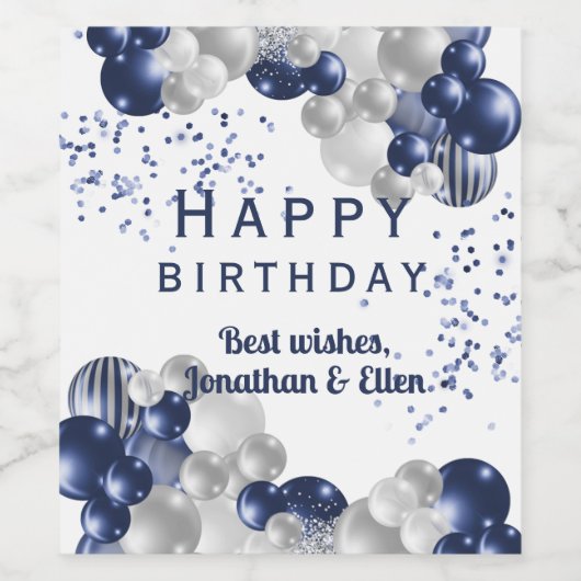 Birthday Navy Balloon Weinetikett (Einzelnes Label)