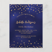 Birthday navy blauen goldenen Herzen elegant Drehb Einladungspostkarte (Vorderseite)