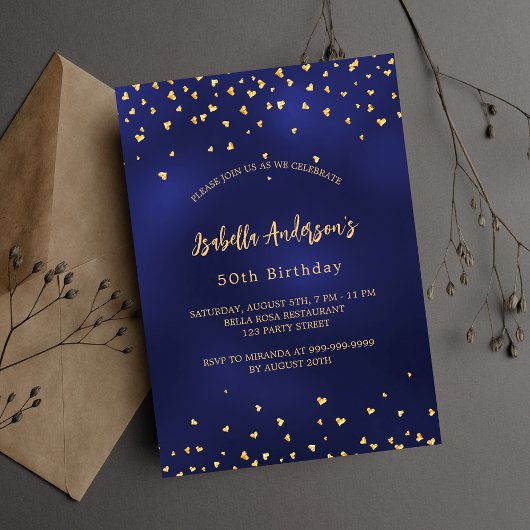Birthday navy blauen goldenen Herzen elegant Drehb Einladungspostkarte