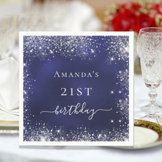 Birthday navy blue silver glitter dust monogram serviette