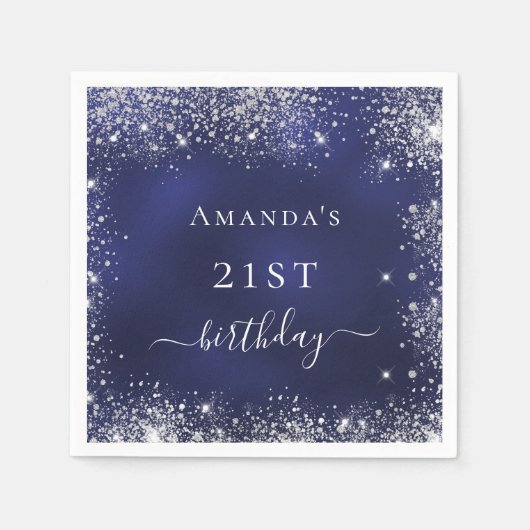 Birthday navy blue silver glitter dust monogram serviette (Vorderseite)