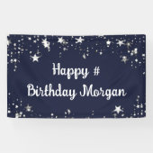 Birthday Navy Blue Stars Script Personalisiert Banner (Horizontal)