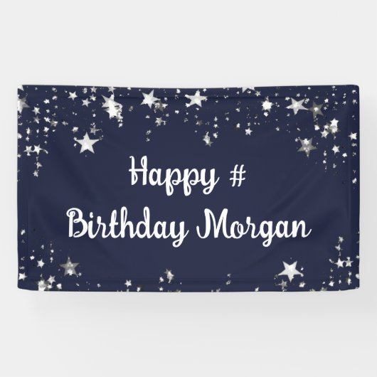 Birthday Navy Blue Stars Script Personalisiert Banner (Horizontal)