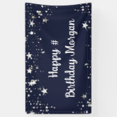Birthday Navy Blue Stars Script Personalisiert Banner (Vertikal)