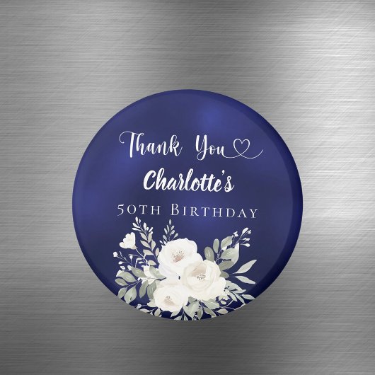 Birthday navy blue white flowers Thank You Magnet