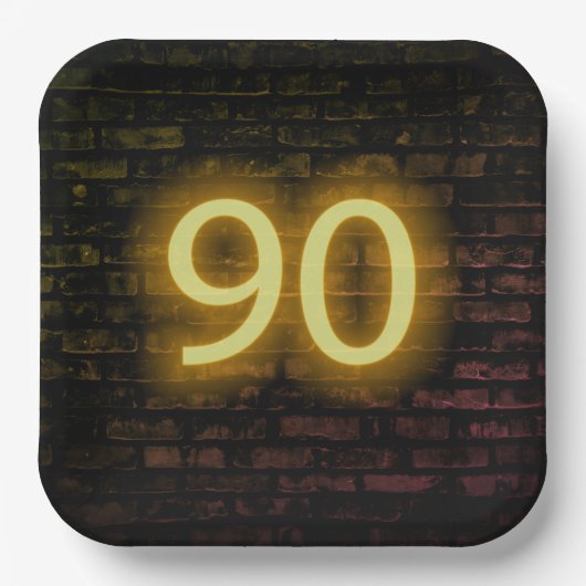 Birthday Neon 90 Sign on Brick Wall Pappteller (Vorderseite)
