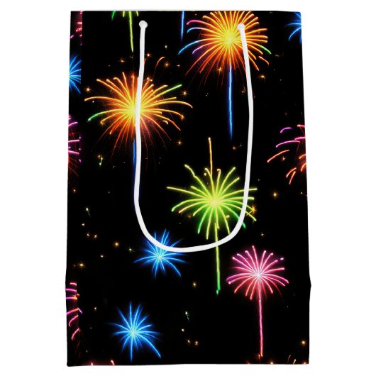 Birthday Neon Feuerwerk auf schwarz Mittlere Geschenktüte (Rückseite)
