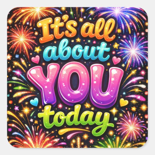 Birthday Neon Fireworks On Black Quadratischer Aufkleber (Vorderseite)