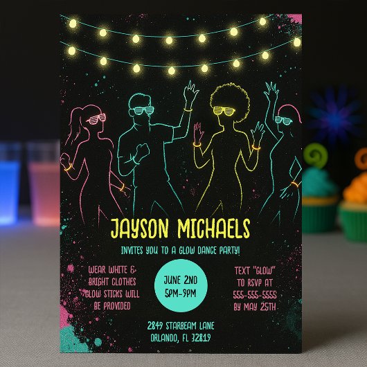 Birthday Neon Glow Party mit String Lights Einladung