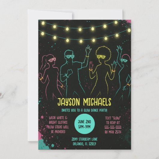 Birthday Neon Glow Party mit String Lights Einladung (Vorderseite)