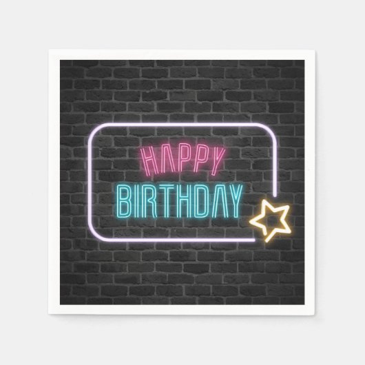 Birthday Neon Sign On Brick Wall Napkins Serviette (Vorderseite)