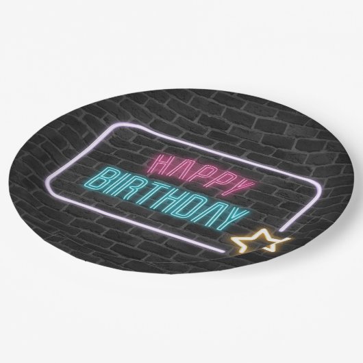 Birthday Neon Sign On Bridge Pappteller (Schrägansicht)