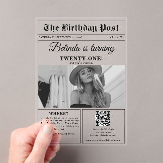 Birthday Newspapier Spaß Schwarz & Weiß Foto Acryleinladungen