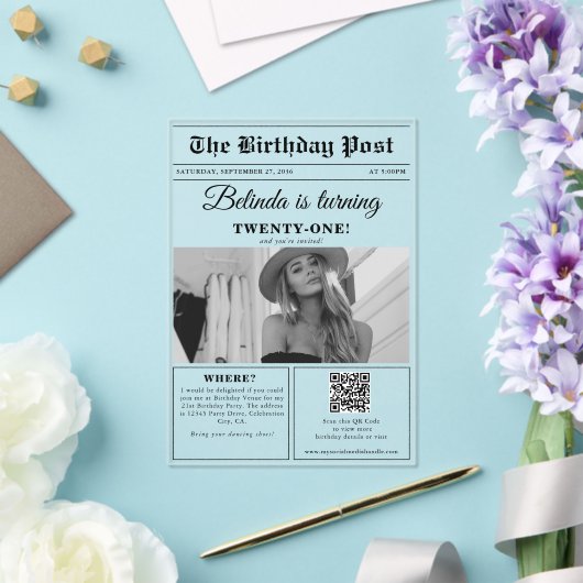 Birthday Newspapier Spaß Schwarz & Weiß Foto Acryleinladungen (In Situ (Hochzeit))