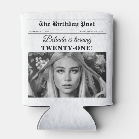 Birthday Newspapier Spaß Schwarz & Weiß Foto Dosenkühler (Rückseite)