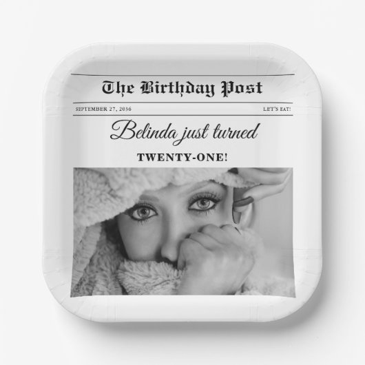 Birthday Newspapier Spaß Schwarz & Weiß Foto Pappteller (Vorderseite)