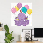 Birthday Octopus mit Balloons und Cupcake Poster (Heimbüro)