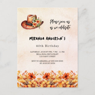 Birthday Orange Blume boho cowgirl Hut Einladungspostkarte