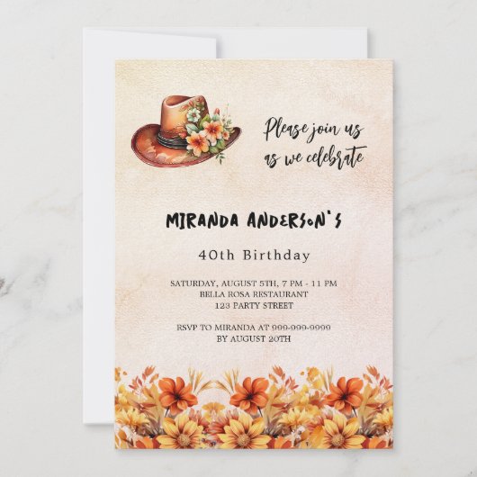 Birthday orange Blume fallen Cowgirl-hat Luxus Einladung (Vorderseite)