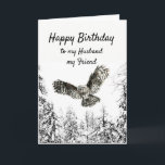 Birthday Owl Bird Watercolor Husband Friend Karte<br><div class="desc">Wasserfarben-Schüssel im Flug auffallend mit einem Winter von frostigen schneebedeckten Bäumen Forest Happy Geburtstag für meine Husband,  mein Freund</div>