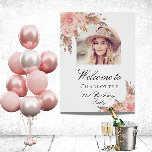 Birthday Pampas Gras Blush Rose Gold Bogen Foto Poster