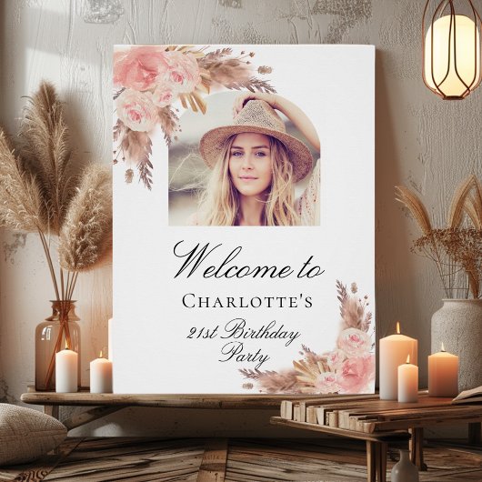 Birthday Pampas Gras Blush Rose Gold Bogen Foto Poster