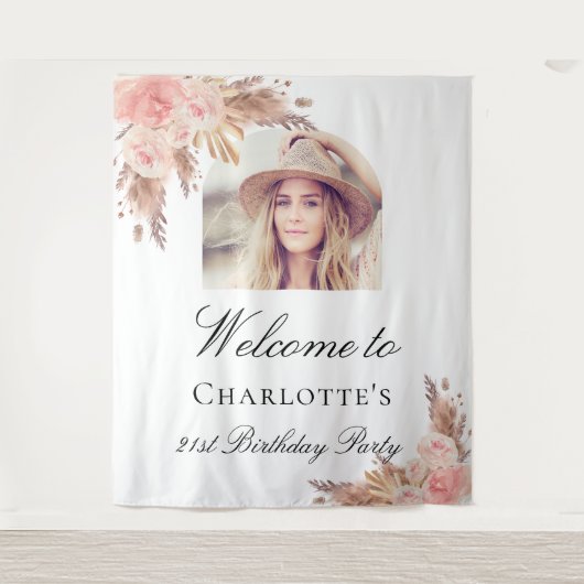 Birthday Pampas Gras Blush Rose Gold Bogen Foto Wandteppich (Vorderseite)