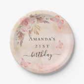 Birthday Pampas Gras Blush Rose Goldschmetterlinge Pappteller (Vorderseite)