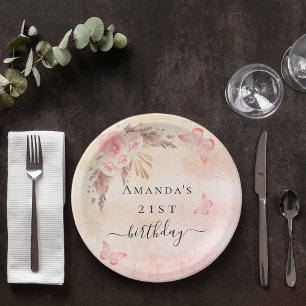 Birthday Pampas Gras Blush Rose Goldschmetterlinge Pappteller