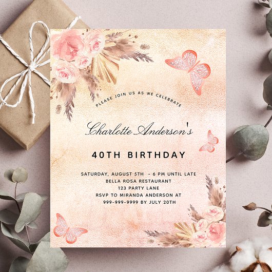 Birthday Pampas Gras Blush Schmetterling Budget Flyer