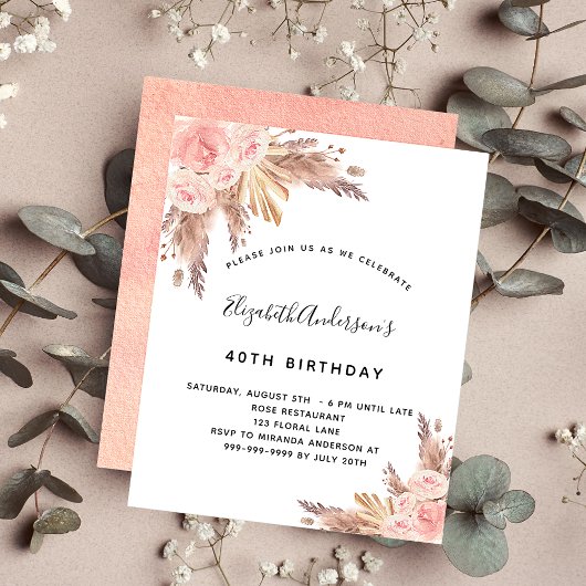 Birthday Pampas Gras Rose Gold Einladung