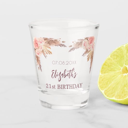 Birthday Pampas Gras rot Rosa Blume Name Schnapsglas (Vorderseite)
